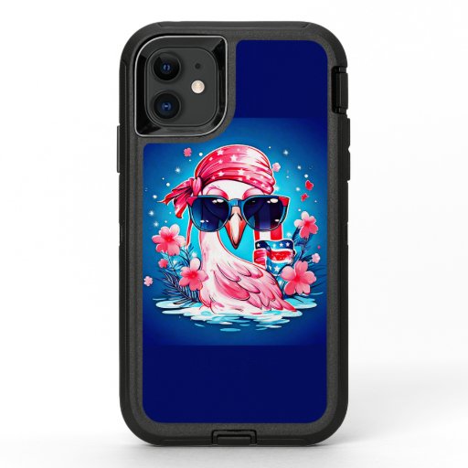 American Flag with Flamingo Cartoon OtterBox Defender iPhone 11 Case