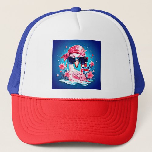 American Flag with Flamingo Cartoon  Trucker Hat