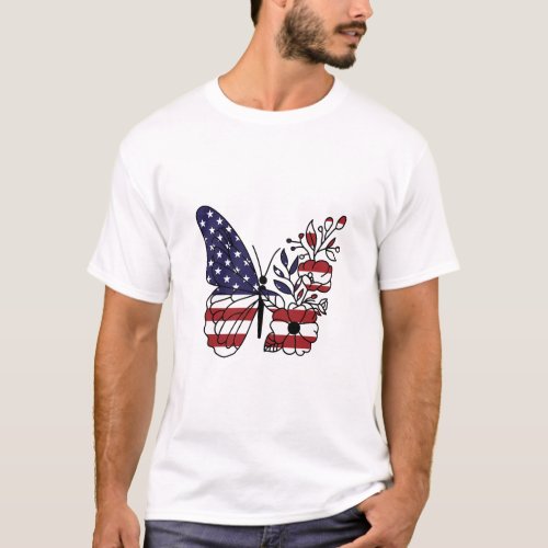 American Flag with Floral Butterfly 4th of July  T_Shirt