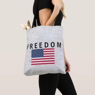 American Flag With FREEDOM Text On Birch Tote Bag