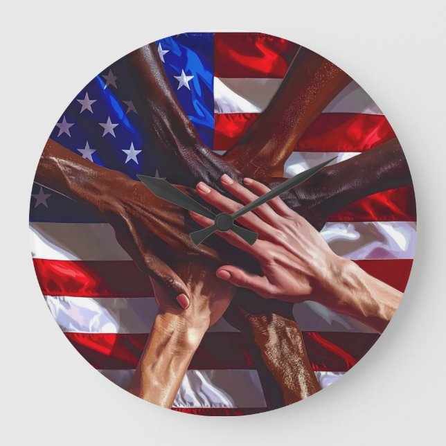 American Flag with hands from various Americans Large Clock (Front)