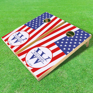 American Flag With Initial Name Monogram Cornhole Set