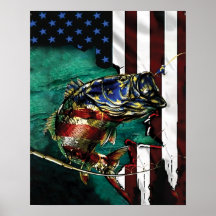 American Flag With Pike Fish -  Home Decor Wall Ar