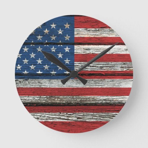 American Flag with Rough Wood Grain Effect Round Clock