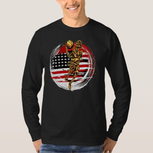 American Flag With Skeleton Playing Basketball T_Shirt