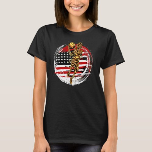 American Flag With Skeleton Playing Basketball T_Shirt