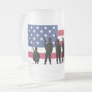 American flag with Soldiers silhouette Frosted Glass Beer Mug