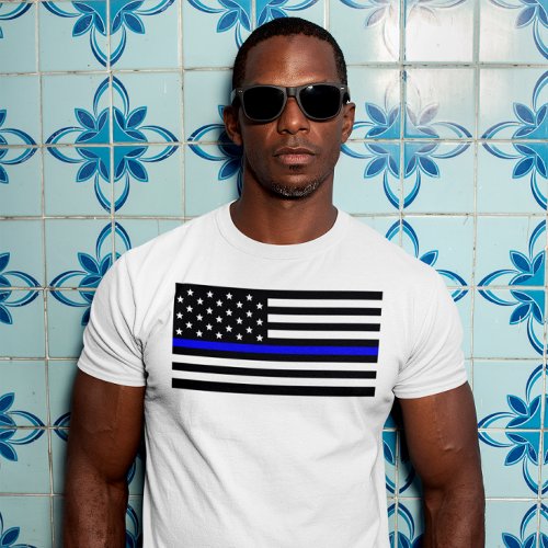 American Flag With Thin Blue Line Support Police T_Shirt