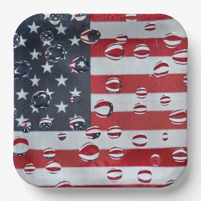 American Flag With Water Drops Paper Plates (Front)