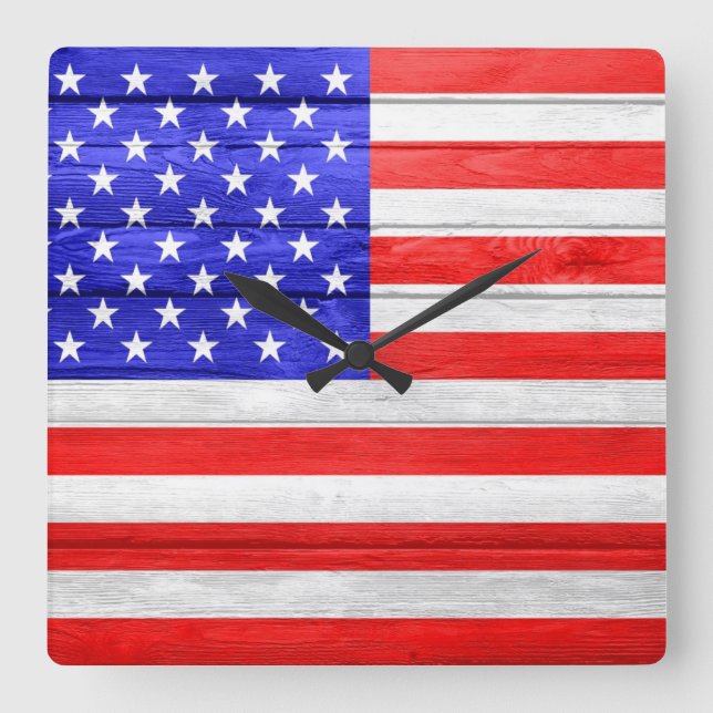 American Flag Wood Square Wall Clock (Front)