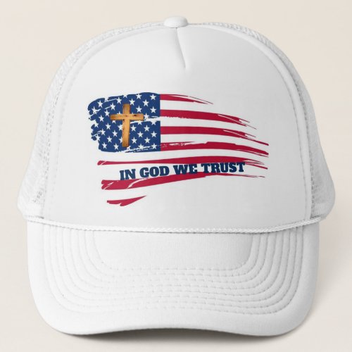 American Flag Wooden Cross In God We Trust Trucker Hat