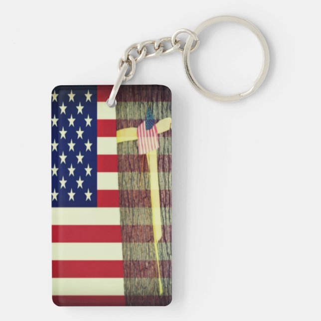 American Flag - Yellow Ribbon Round Tree Key Chain (Back)