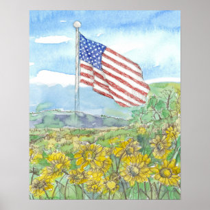 American Flag Yellow Wildflower Landscape Poster