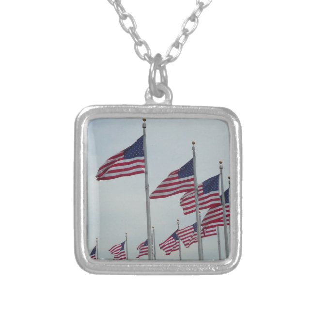 American Flags at the Washington Monument Silver Plated Necklace (Front)