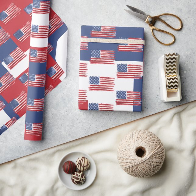 American Flags On Red White and Blue Wrapping Paper (Crafts)