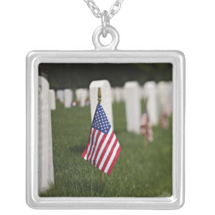 American flags on tombs of American Veterans on Silver Plated Necklace