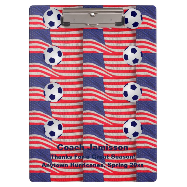 American Flags, Soccer Ball, Coach Name, Patriotic Clipboard (Front)