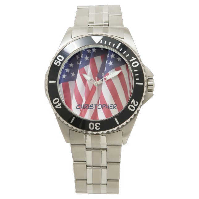 American Flags Wrist Watch, Personalized Name Watch (Front)
