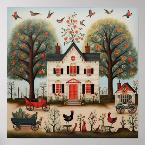 American Folk Art White Farmhouse Poster