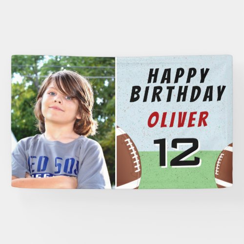 American Football Ball Birthday Party Photo Banner - American Football Ball Birthday Party Photo Banner. Football themed birthday party banner with child`s name, photo, age and football balls. Add your name, age and your child`s photo. Great for kids who love football and sports.