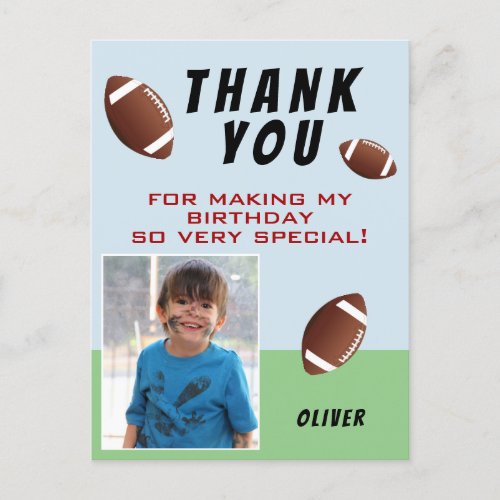 American Football Ball Birthday Photo Thank you Postcard - American Football Ball Sports Kids Birthday Photo Thank You Postcard. Football themed birthday thank you postcard with a thank you message, child`s name, child`s photo and football balls. Personalize this football card with your name and your child`s photo. Great for kids who love football and sports.