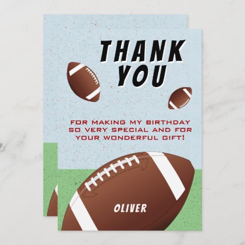 American Football Ball Birthday  Thank You Card - American Football Ball Birthday Thank You Card. Football themed birthday thank you card with a thank you message, child`s name and football balls. Personalize this football card with your name and text. Great for kids who love football and sports.