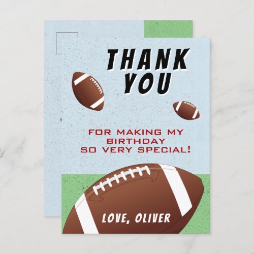 American Football Ball Birthday Thank you  Postcard - American Football Ball Sports Kids Birthday Thank You Postcard. Football themed birthday thank you postcard with a thank you message, child`s name and football balls. Personalize this football card with your name and text. Great for kids who love football and sports.