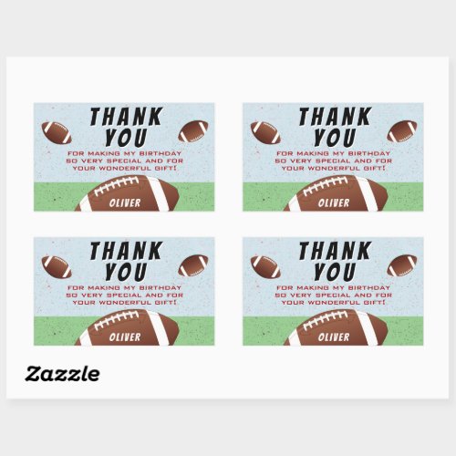 American Football Ball Birthday Thank You  Rectangular Sticker - American Football Ball Birthday Thank You Sticker. Football themed birthday thank you sticker with a thank you message, child`s name and football balls. Add your name and text. Great for kids who love football and sports.