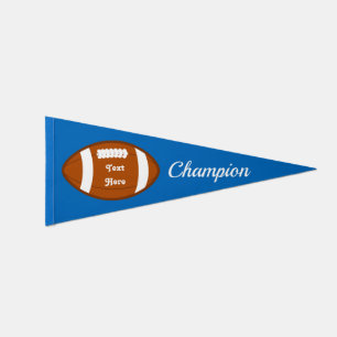 American Football Ball & Champion Text on Blue Pennant Flag