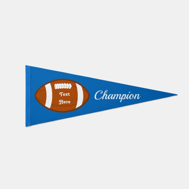 American Football Ball & Champion Text on Blue Pennant Flag (Front)