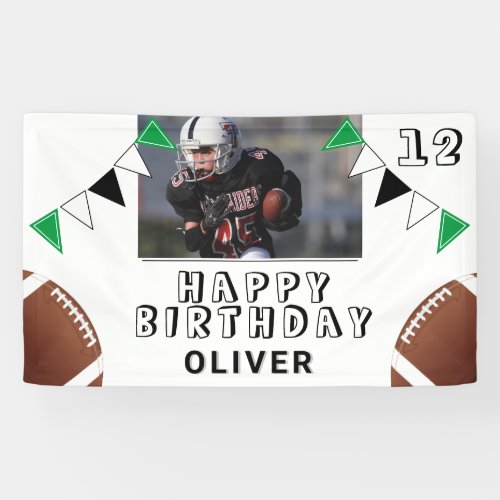 American Football Ball Flags Photo Birthday Party Banner - American Football Ball Flags Photo Birthday Party Banner. Two american football balls and birthday party bunting flags in green, black and white colors. Add your photo and personalize it with your name, age and text and make your own birthday party banner. Great for boys and girls who love football.