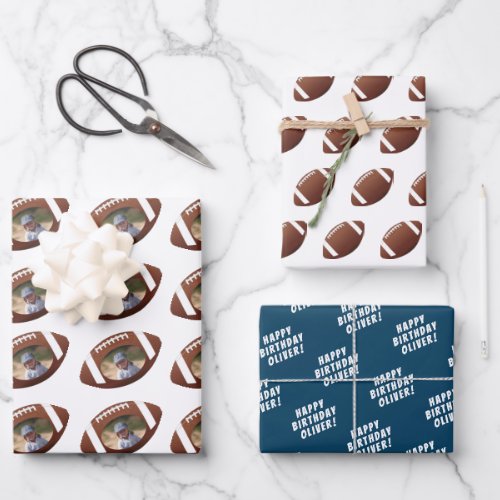 American Football Ball Happy Birthday Boy Photo Wr Wrapping Paper Sheets - American Football Ball Happy Birthday Boy Photo Wrapping Paper Sheets. Football-themed birthday wrapping paper with photo on a football ball and name on the 3rd sheet - add your photo and text with name. Great for kids who love football and sports.