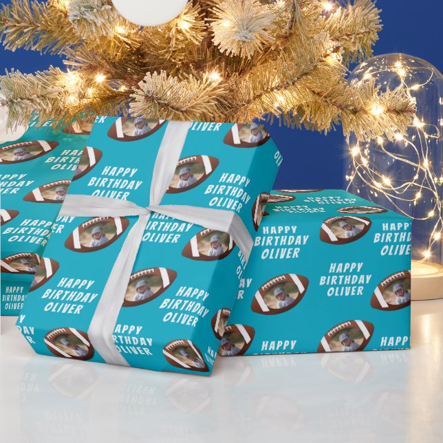 American Football Ball Happy Birthday Boy Photo Wrapping Paper (Holidays)