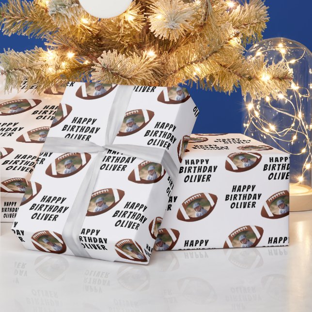 American Football Ball Happy Birthday Boy Photo Wrapping Paper (Holidays)