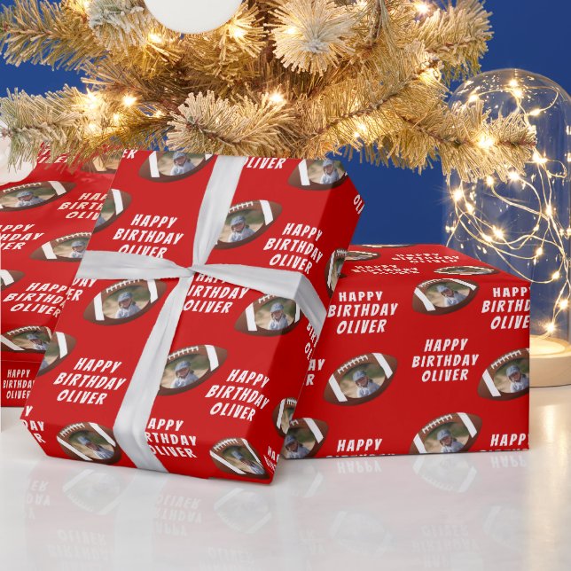 American Football Ball Happy Birthday Boy Photo Wrapping Paper (Holidays)