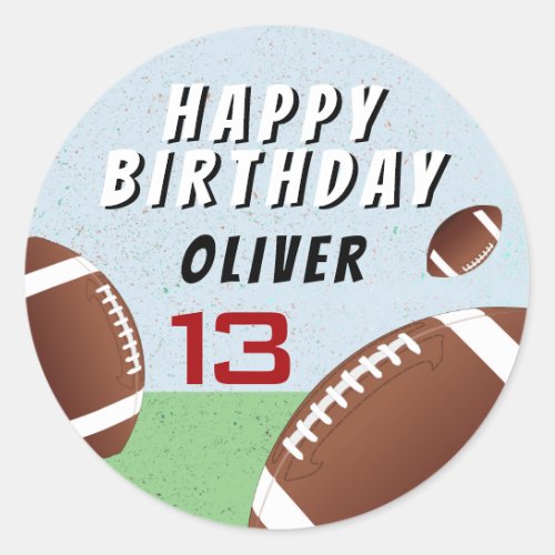 American Football Ball Happy Birthday  Classic Round Sticker - American Football Ball Happy Birthday Sticker. Football-themed birthday sticker. Add your name and age. Great for kids who love football and sports.