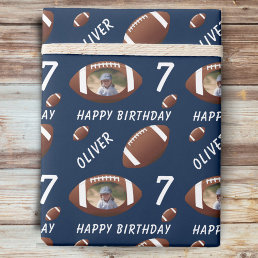 American Football Ball Happy Birthday Photo Blue Wrapping Paper