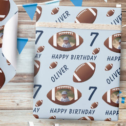 American Football Ball Happy Birthday Photo Blue  Wrapping Paper