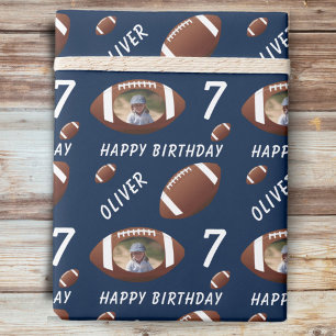 American Football Ball Happy Birthday Photo Blue Wrapping Paper