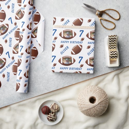 American Football Ball Happy Birthday Photo Wrapping Paper - American Football Ball Happy Birthday Photo Wrapping Paper. Football-themed birthday wrapping paper with name, photo and football balls. Great for kids who love football and sports.