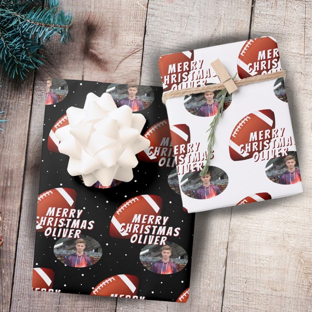 American Football Ball Merry Christmas Boy Photo Wrapping Paper Sheets (Creator Uploaded)