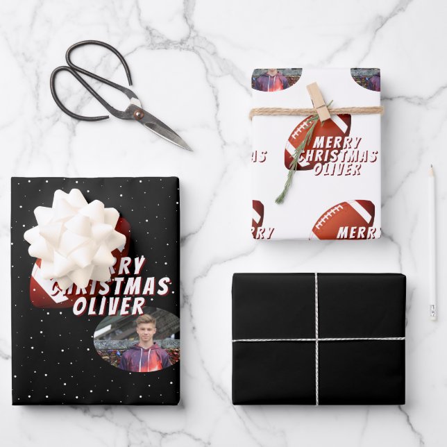 American Football Ball Merry Christmas Teen Photo Wrapping Paper Sheets (Front)