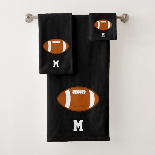 American Football Ball  Monogram on Black Bath Towel Set