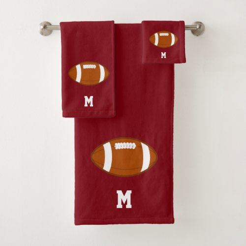 American Football Ball  Monogram on Maroon Bath Towel Set