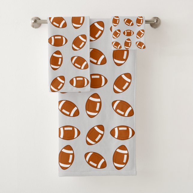 American Football Ball Pattern on Light Gray Bath Towel Set (Insitu)