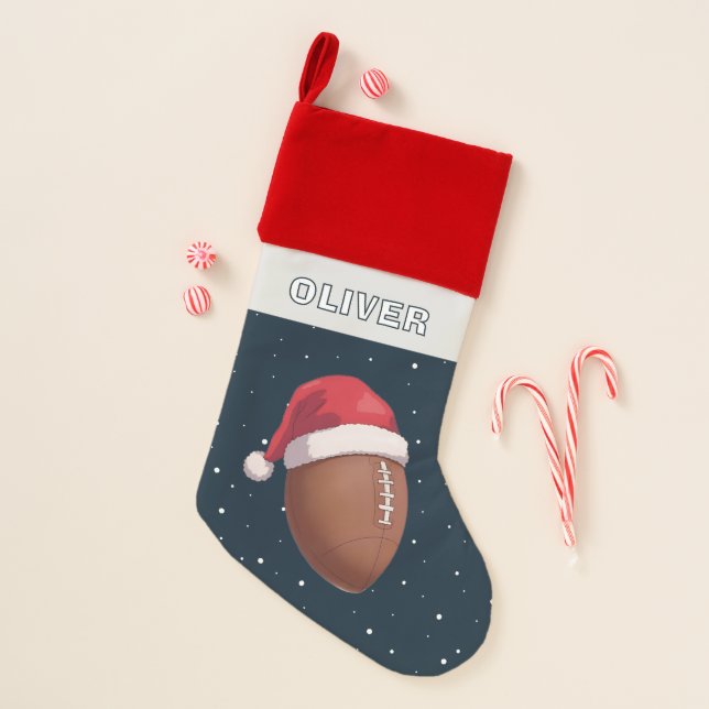American Football Ball Red Santa Hat Name Christmas Stocking (Front)