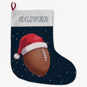 American Football Ball Red Santa Hat Name Large Christmas Stocking
