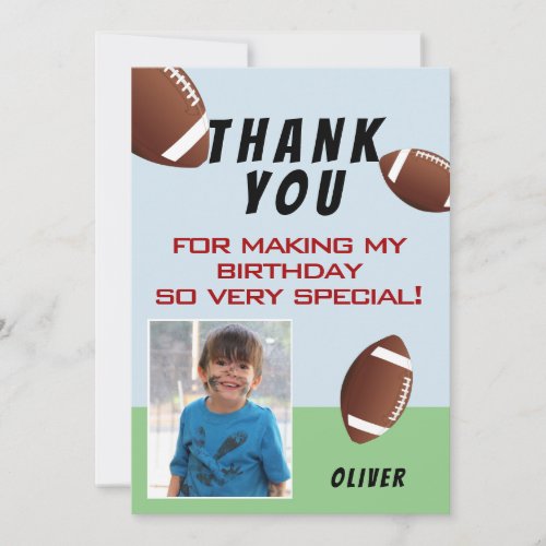 American Football Ball Sports Kids Birthday Photo Thank You Card - American Football Ball Sports Kids Birthday Photo Thank You Card. Football themed birthday thank you card with a thank you message, child`s name, child`s photo and football balls. Personalize this football card with your name and your child`s photo. Great for kids who love football and sports.