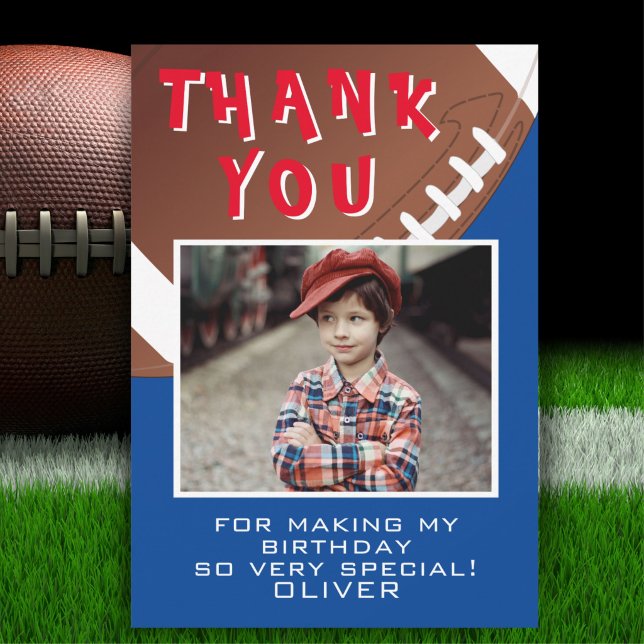 American Football Ball Sports Kids Birthday Photo  Thank You Card (Creator Uploaded)