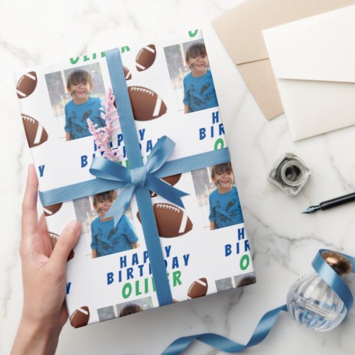 American Football Ball Sports Kids Birthday Photo Wrapping Paper - American Football Ball Sports Kids Birthday Photo Wrapping Paper. Football-themed birthday wrapping paper with name, photo and football balls. Great for kids who love football and sports.